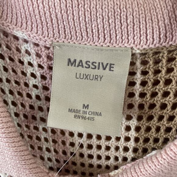 Massive Luxury Crochet Knit Polo Shirt Sz M New Pink White Brown Button Closure - Picture 5 of 10
